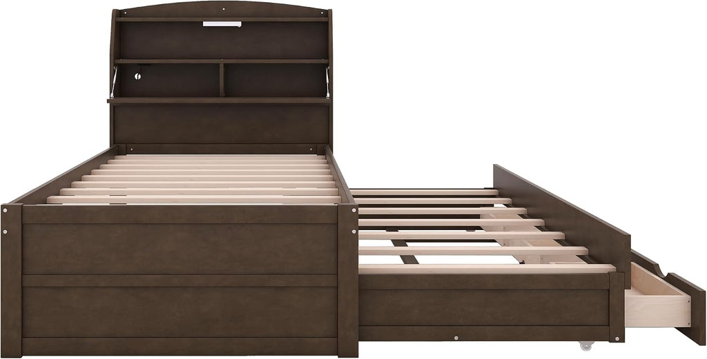 Multi-Function Twin Size Platform Bed with Trundle and 3 Drawers, Wood Captain Platform Bed Frame with Storage Headboard and Night Light, Maximized Space, Brown-d1