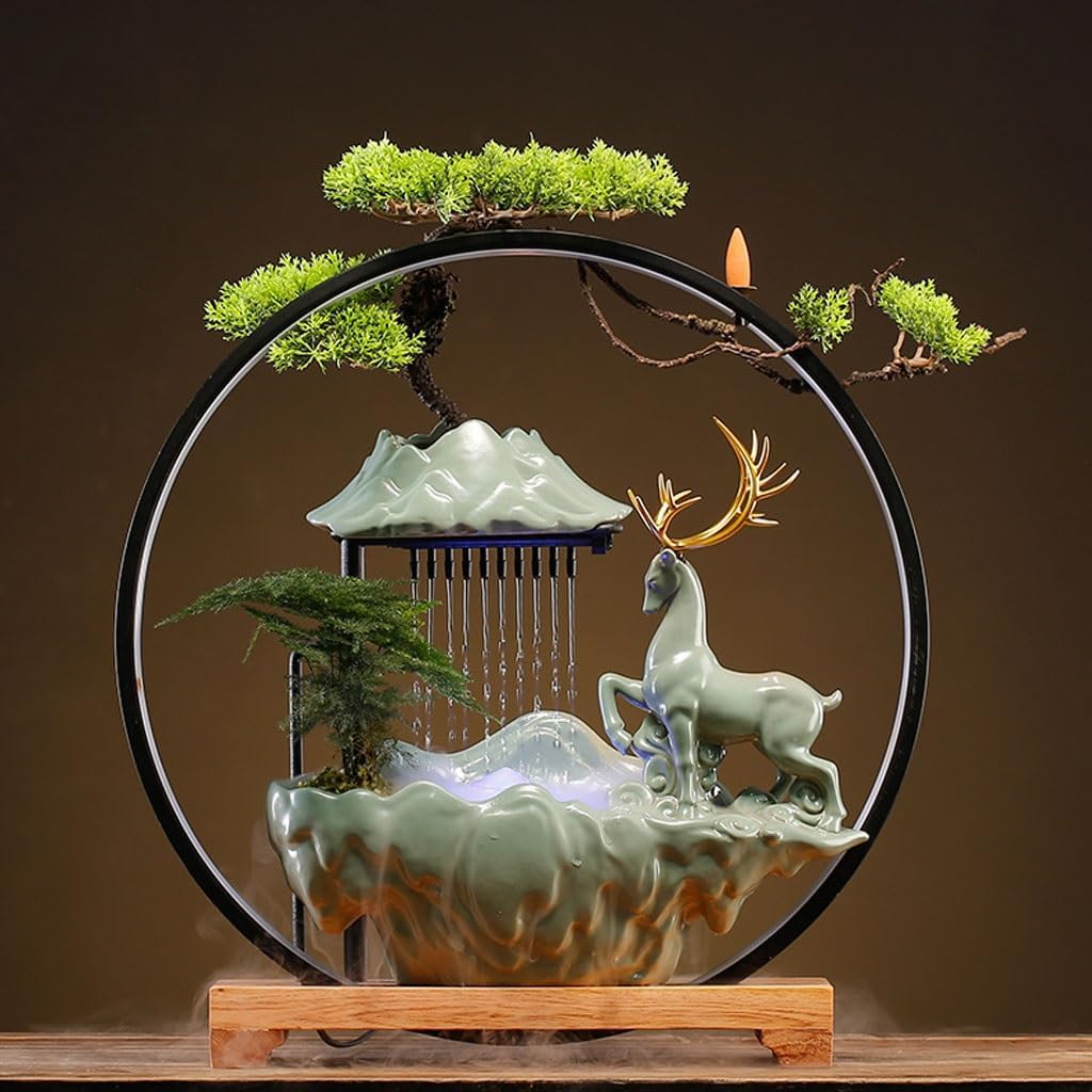 GUERNSEY Tabletop Fountain Chinese Creative Home Porch Water Ornaments Living Room Desktop Ceramic Fountain Office Circulating Water Fountain Indoor Waterfall Feature Indoor Fountain