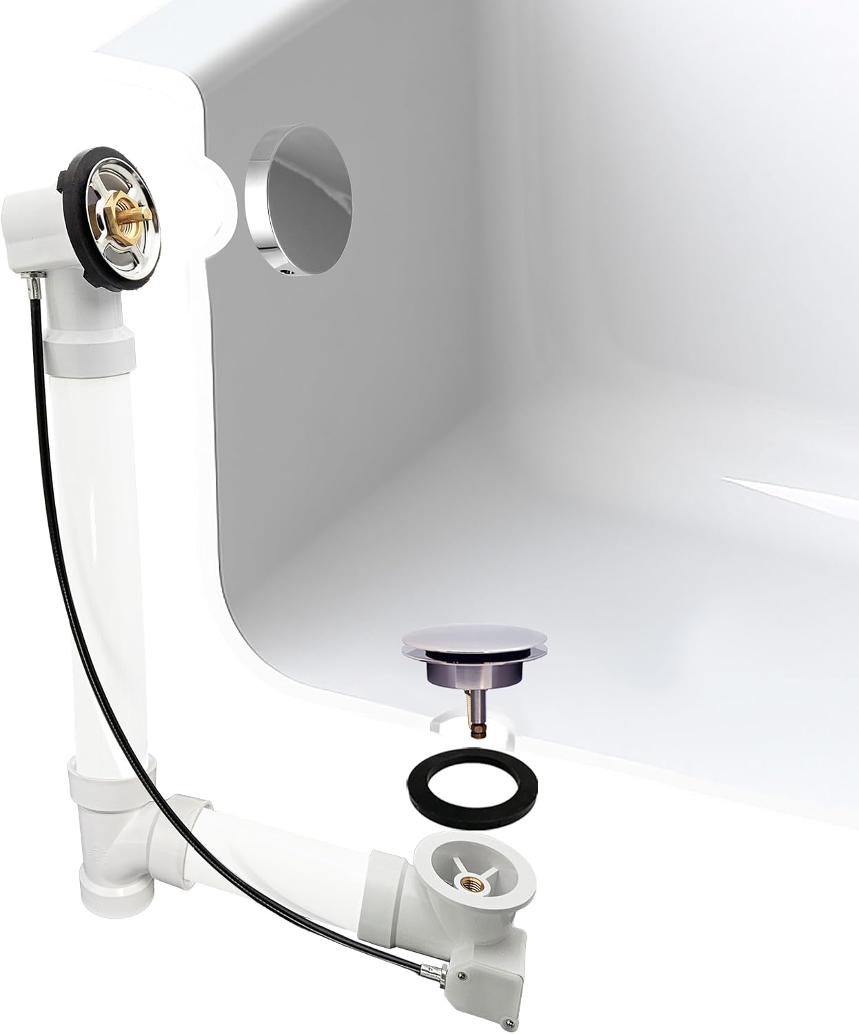 Westbrass D50P35SRE-26 35' Cable Drive Bathtub Drain Trim with Rotary Overflow Cover Knob, Pop-Up Stopper Sch. 40 PVC Fittings, Polished Chrome
