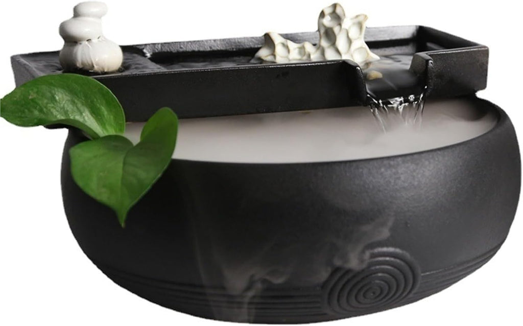 Ceramic Tabletop Fountain with LED Light – Indoor Glazed Waterfall Decor for Home Office Desk Meditation, Mini Zen Fountain with Soothing Water Flow(Without Mist Maker)