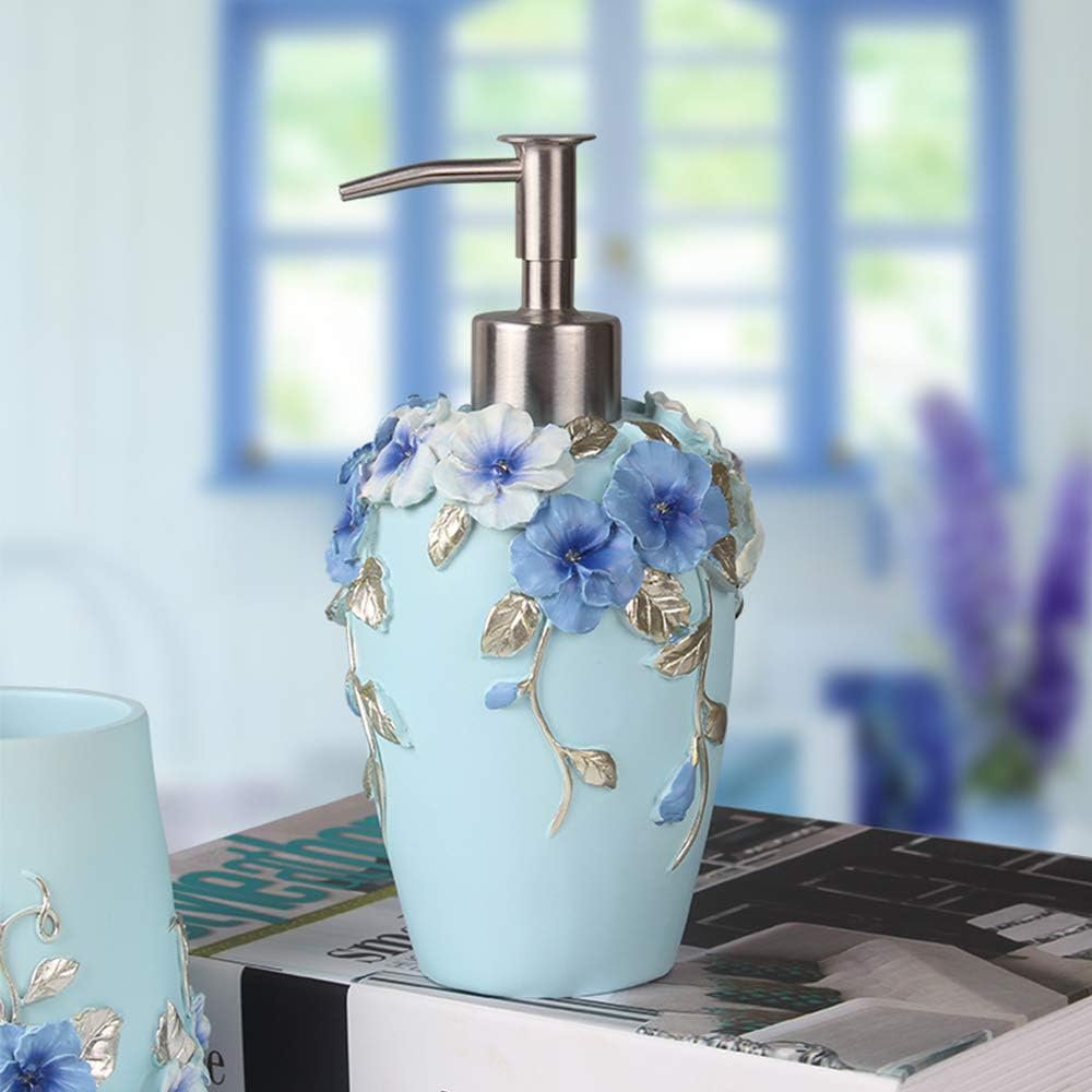 Bathroom Accessories Set Creativity Romantic Wedding Bath Set Resin Bath Ensemble Includes Toothbrush Holder, 2 Tumblers, Liquid Soap Dispenser, Soap Dish,Blue
