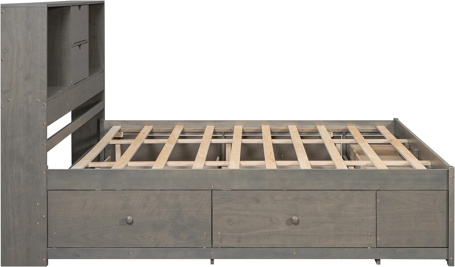 Queen Size Platform Bed with Storage Headboard, Solid Wood Platform Bed Captain's Bed Frame with 8 Drawers, Sturdy Slats Support, Maximize Space, Grey-8r