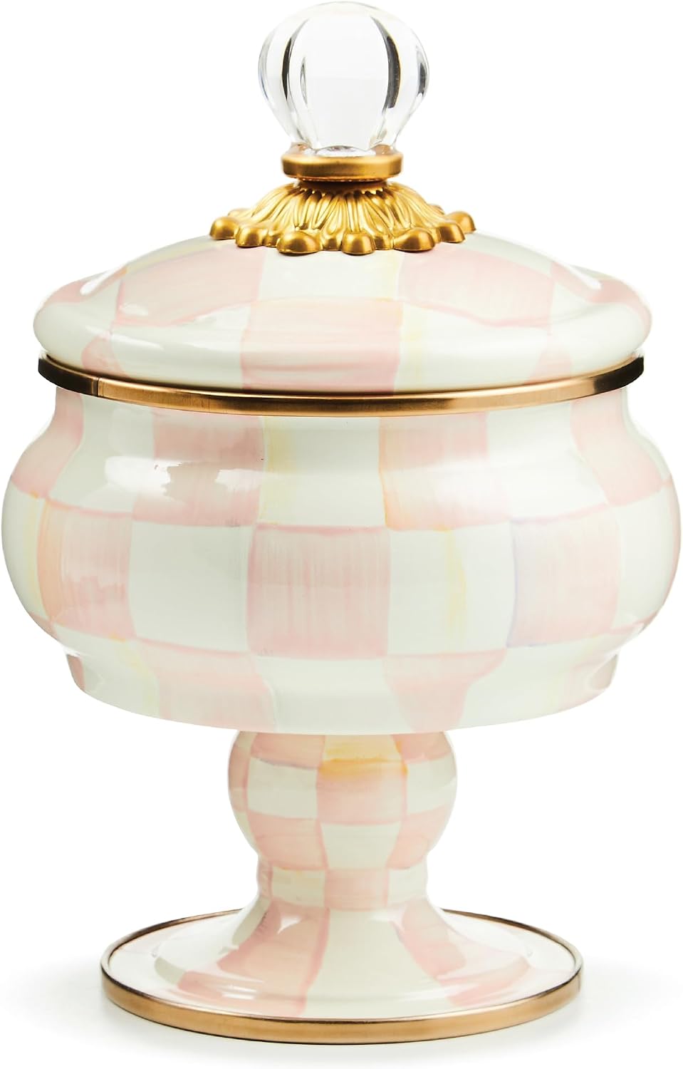 MACKENZIE-CHILDS Enamel Curiosity Pot, Decorative Container for Home Decor, Pink-and-White Rosy Check