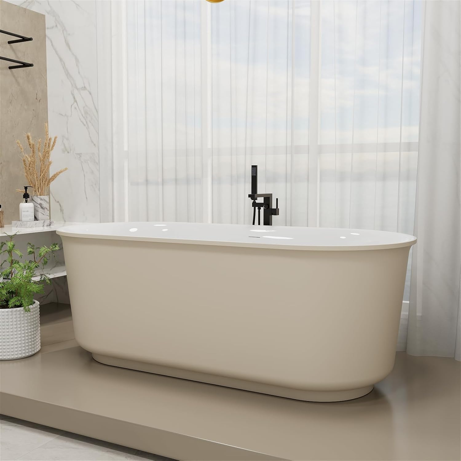 59' Solid Surface Resin Freestanding Bathtub, Double Ended Shape, Modern Deep Stone Resin Soaking Bathtub with Integrated Slotted Overflow, Toe-Tap Chrome Drain, cUPC Certified, Khaki