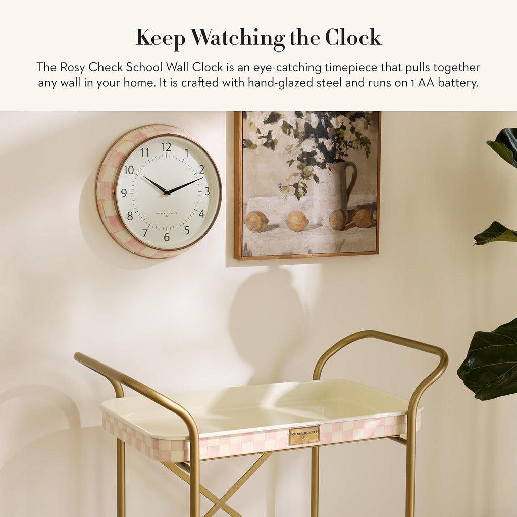 MACKENZIE-CHILDS Wall Clock, Decorative Enamel Clock for Kitchen and Living Room, Pink-and-White Rosy Check