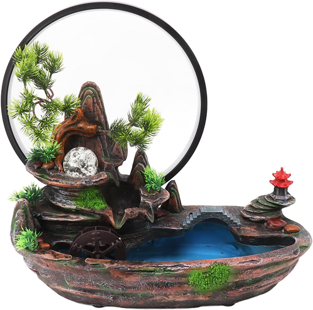Walfront Waterfall Fountain Decoration, Waterfall Fountain, Waterfall Fountain LED Light Indoor Tabletop Fountain with Plants Mountain Lamp Loop Resin Desktop Waterfall Ornament for