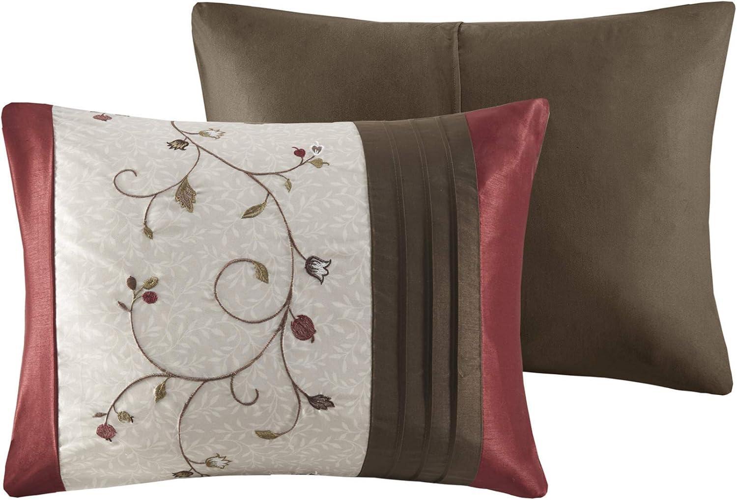 Madison Park Serene Faux Silk Comforter Set - Floral Embroidery Design, All Season Bedding Set, Matching Bed Skirt, Decorative Pillows, Red Cal King(104'x92') 7 Piece