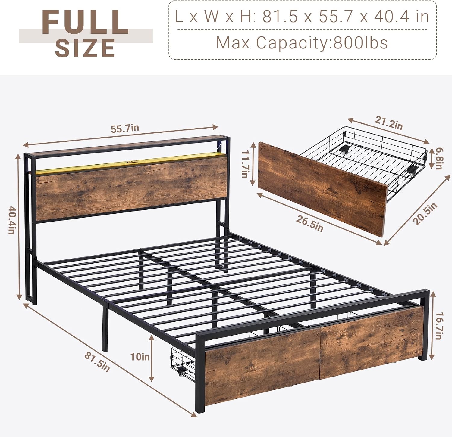Zevemomo Full Bed Frame w/Storage Drawers and Headboard, Wooden Full Size Bed Frame w/Adjustable RGB LED Lights & Charging Station, Built-in USB Ports for Charging, Brown Full Metal Platform Bed