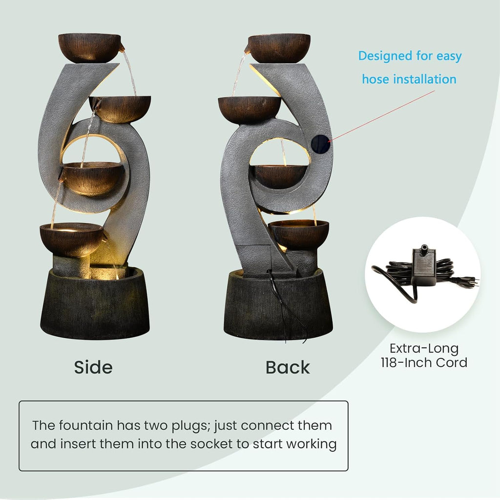 Sunlinua 46.8''H Outdoor Water Fountains - 5-Tiered Garden Fountains Outdoor for Patio, Yard, Balcony, Porch, Modern Resin Waterfall Feature for Outside with Light, Cascading Bowl Water Feature Gray