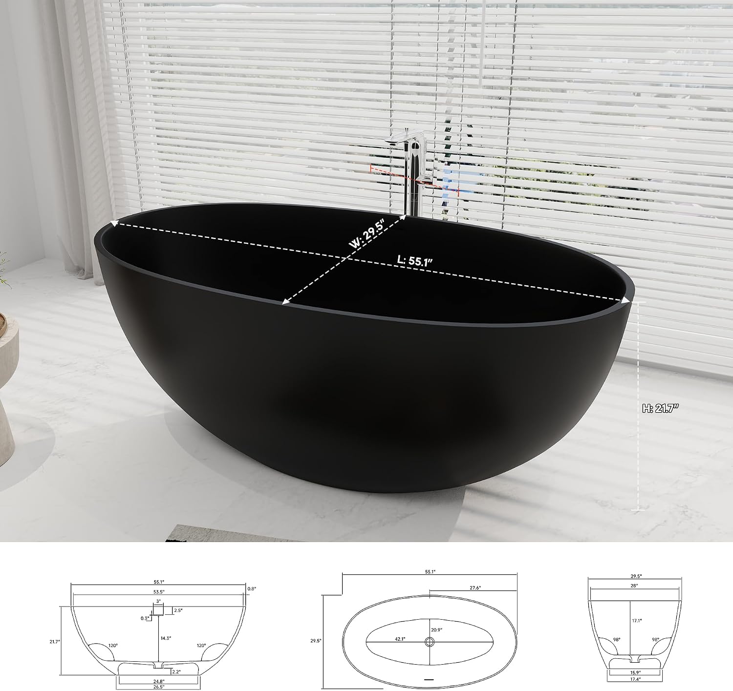 SJ STAR&JANE 55' Solid Surface Freestanding Bathtub, Stone Resin Oval Soaking Tub Matte Black Stand Alone Tub with Overflow and Pop-up Drain for Bathroom