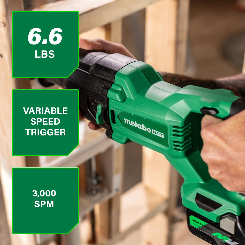 Metabo HPT 18V MultiVolt Cordless Reciprocating Saw, Orbital Cut Mode, 36% Less Vibration, 1-1/8' Stroke Length, 3,000 SPM, LED Light, Tool Body Only, CR18DBQ4