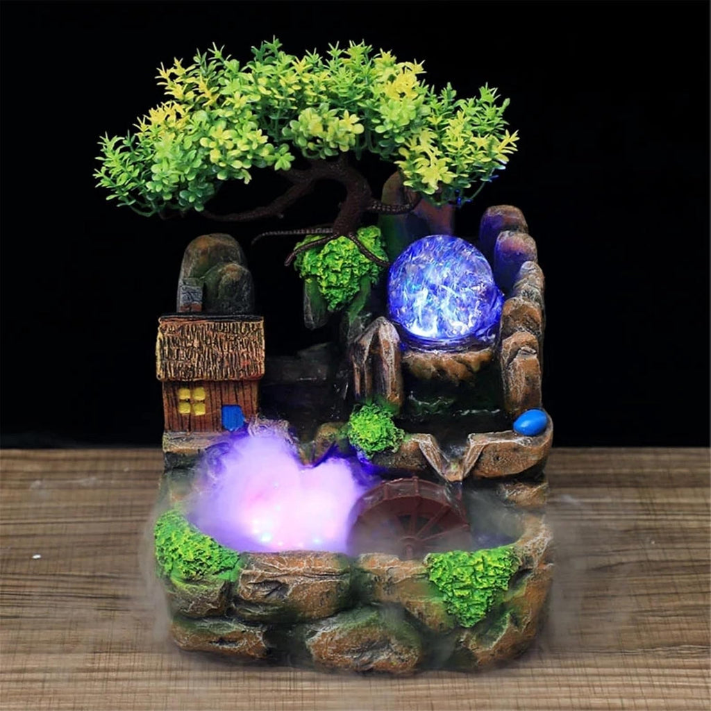 Water Fountain Desktop Ornament Tabletop Fountain Led Lights Resin Rockery Flowing Water Fountain Lucky Feng Shui Wheel Office Desktop Ornaments Zen Meditation Fountain Crafts