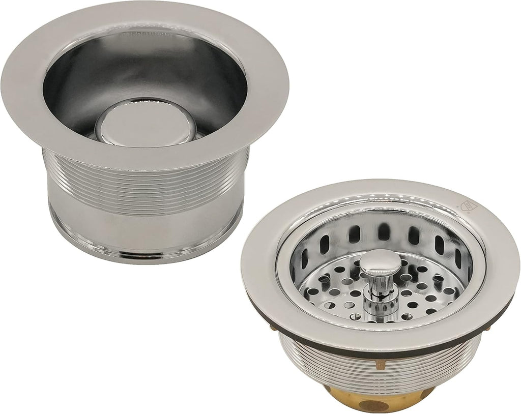 Westbrass CO2185-05 Combo Pack 3-1/2' Post Style Large Kitchen Sink Basket Strainer and Waste Disposal Drain Flange with Stopper, Polished Nickel