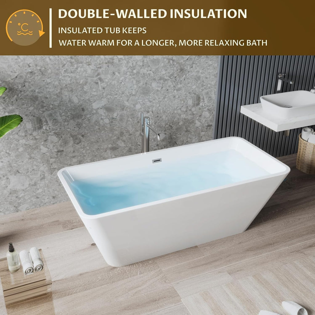 66 Inch Freestanding Bathtub Acrylic Deep Soaking Tub with Overflow & Chrome Drain, Glossy White Modern Design for Bathroom Remodel, Easy Install Home Spa