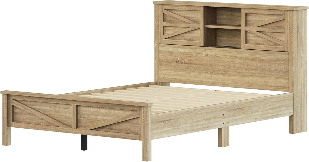 Harper & Bright Designs 3-Pieces Bedroom Sets Queen Size Farmhouse Platform Bed with Double Sliding Door Storage Headboard and Charging Station, Storage Nightstand and Dresser, Natural