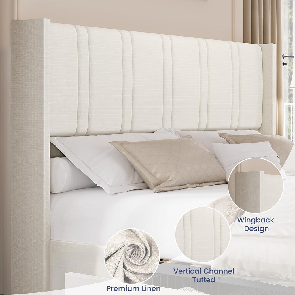 BRELTAM Queen Size Bed Frame with 4 Storage Drawers Linen Upholstered Platform Bed with Wingback Headboard, No Box Spring Needed, Easy Assembly, White