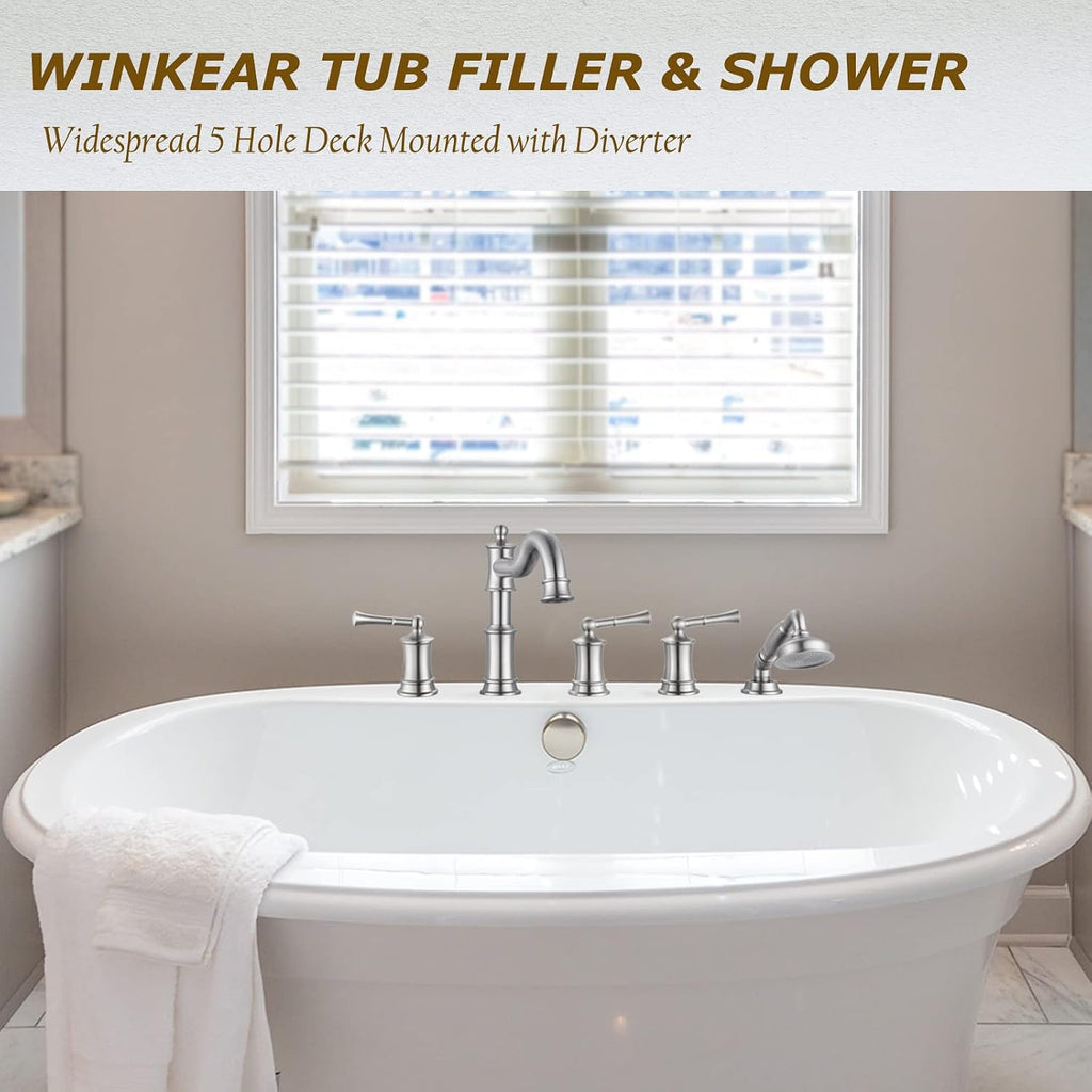 Roman Tub Faucet Set With Handheld Shower 5 Hole Deck Mount Tub Filler With Diverter, 3 Lever Handle Rough-in Valve and Water Supply Lines Included for Bathroom Tub, Brushed Nickel