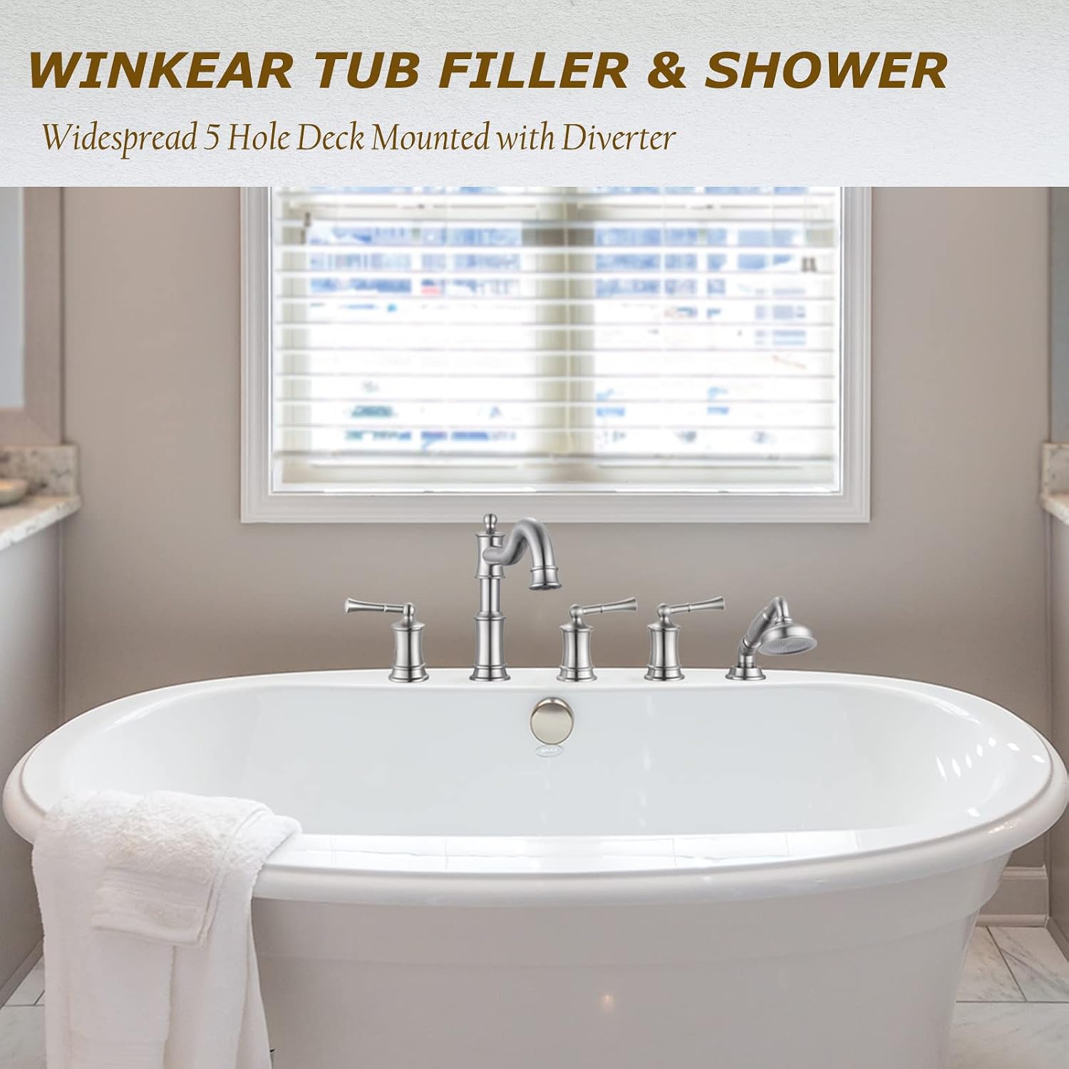 Roman Tub Faucet Set With Handheld Shower 5 Hole Deck Mount Tub Filler With Diverter, 3 Lever Handle Rough-in Valve and Water Supply Lines Included for Bathroom Tub, Brushed Nickel