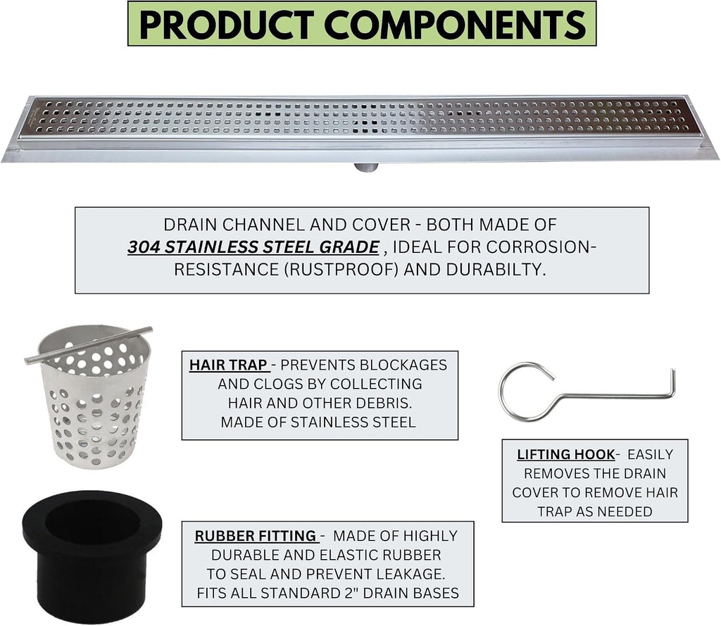 Royal Linear Shower Drain Stainless Steel Traditional Square By Serene Steam 35 5/8