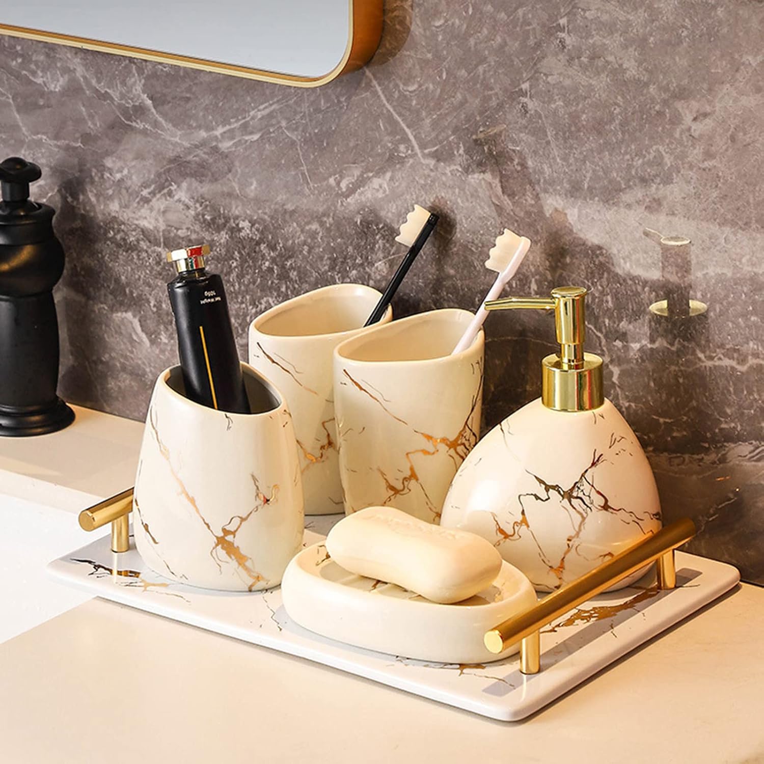 6 Piece Bathroom Soap Dispenser and Toothbrush Holder Set, Ceramic Soap Dispenser, Vanity Countertop Accessory Toothbrush Holder Set with Marble Look -Beige