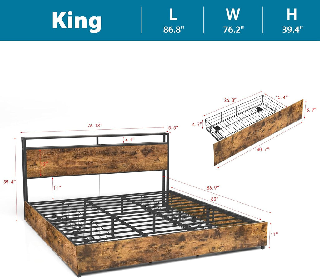 Kiivakii King Size Bed Frame with 4 Storage Drawers, LED Platform Bed with Headboard, Built in Charging Station, Noise-Free, Metal Support Base, No Box Spring Needed, Rustic Brown