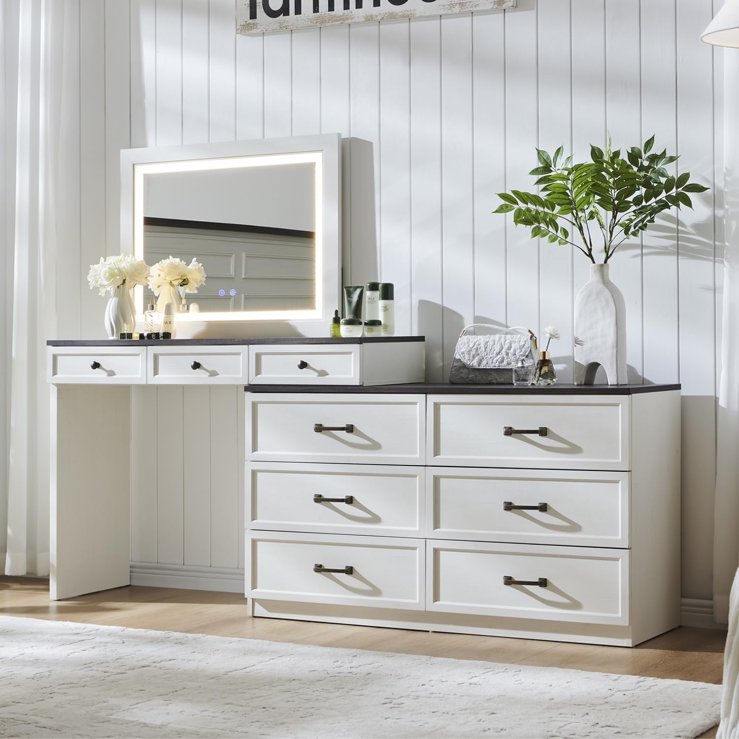 Aitjunz 69' W Big Vanity Desk with Glass Top, Farmhouse Makeup Table with 9 Large Storage Drawers, Rustic Wood Bedroom Dressing Table w/3 Color Available Light & 30' HD Led Mirror, Antique White