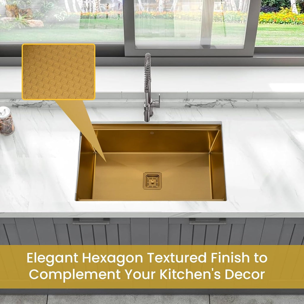 Strictly Sinks Undermount Workstation Kitchen Sink – 32 Inch 16 Gauge Embossed Hexagon Texture Gold Kitchen Sink with Grid, Wood Cutting Board, Colander, 1 Strainer Drain & 1 Garbage Disposal Adapter