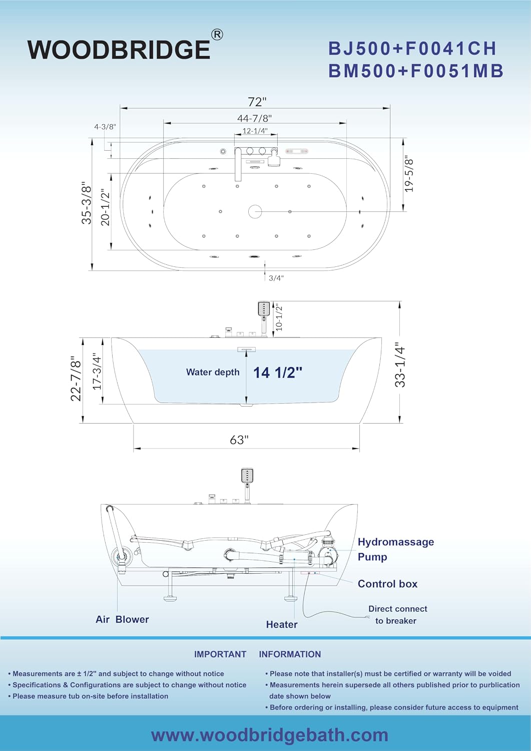 WOODBRIDGE 72' x 35-3/8' Whirlpool and Air Bath Heated Soaking Combination Tub with Adjustable Speed Air Blower, Tub Filler, and LED control panel, Matte Black Finish Trim and Drain Kit, BM500+F0051MB