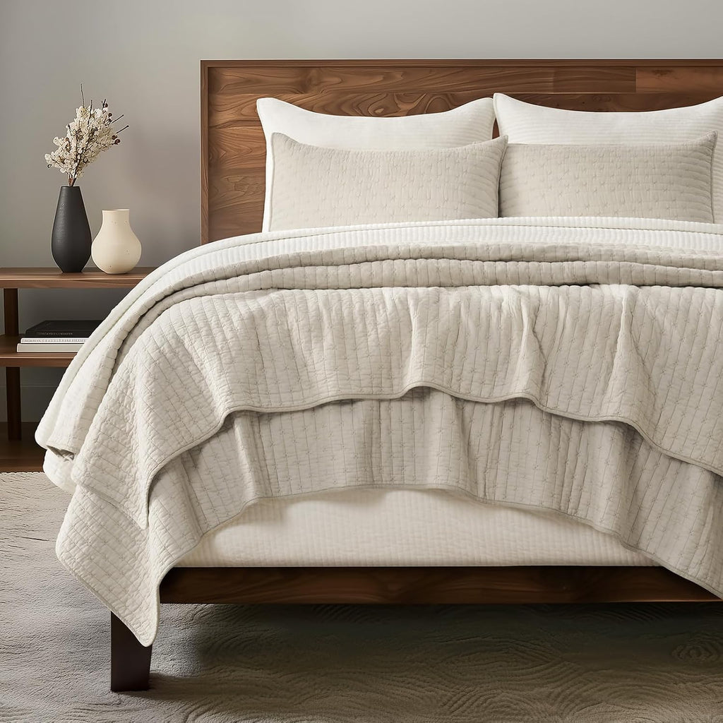 EVERGRACE Cross Stitch Pre-Washed Cotton Quilt Bedding Set Queen Size, Oversized 3 Pieces Lightweight Bedspread Coverlet for All Season, with 2 Matching Shams, Flax Beige, 92'x96'