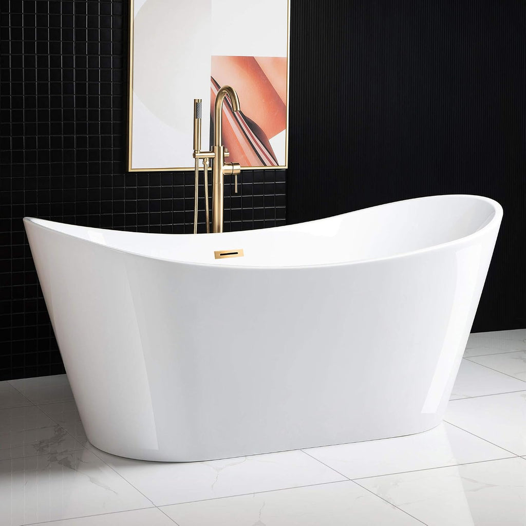 WOODBRIDGE 67' Acrylic Freestanding Bathtub Contemporary Soaking White Tub with Brushed Gold Overflow and Drain,B0010-BG