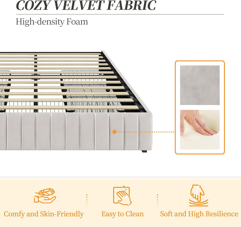 Yaheetech Queen Bed Frame Upholstered Platform Bed with 3 Storage Drawers, Large Storage Space/Strong Wooden Slats/Non-Slip and Noise-Free/No Fixed Headboard/No Box Spring Needed/Beige Queen Bed