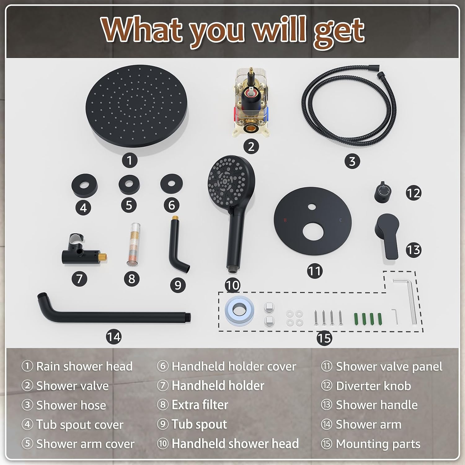 Iriber Mattle Black Bathtub Shower Faucet Set，Bathroom Shower System with Tub Spout ，Filtered Shower Head with Handheld, 9 Spray Mode Showerhead,Shower Valve Trim Kit Contain Cartridge,10 Inch