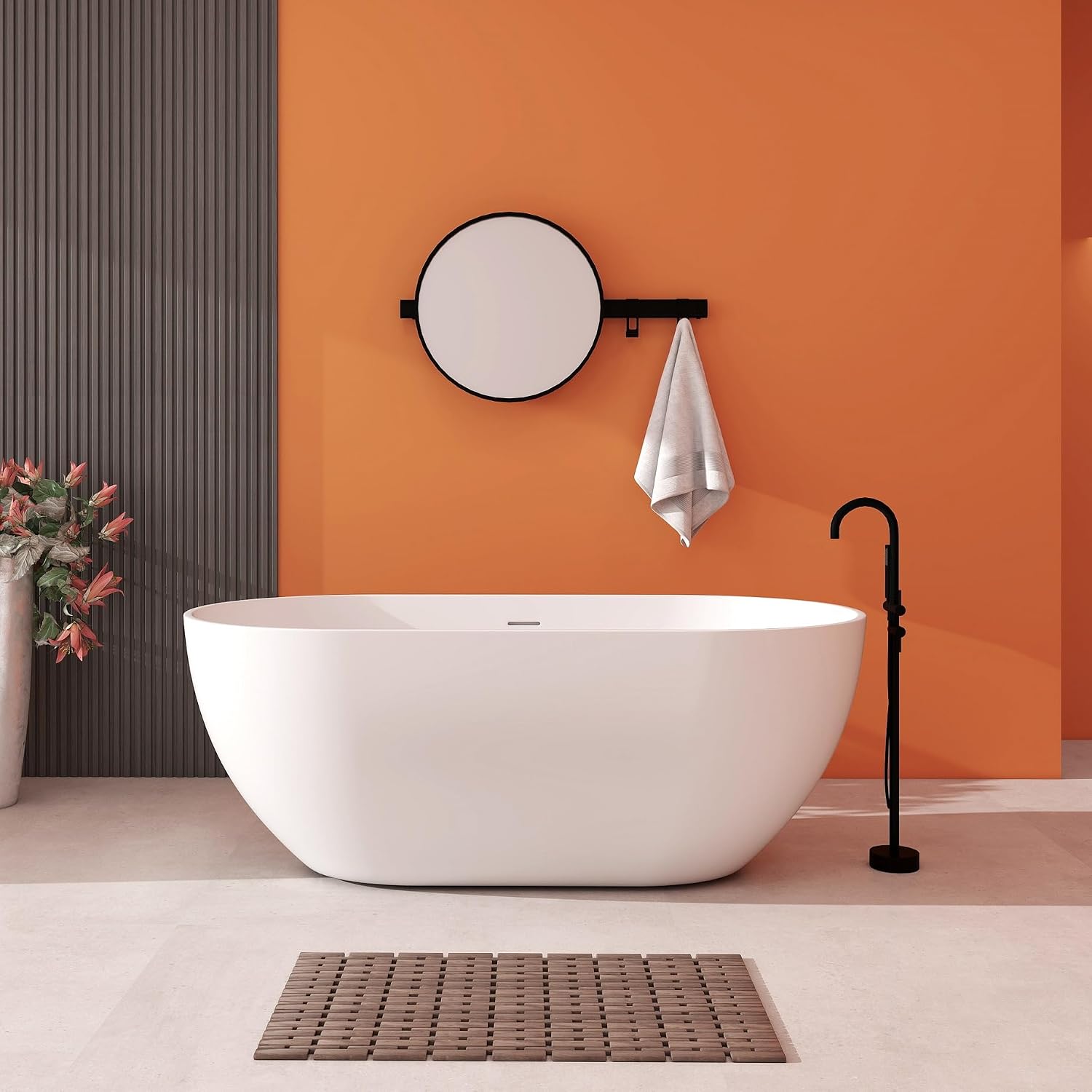 Premium 59' Solid Surface Freestanding Bathtub, Upgraded Oval Stone Resin Tub with Overflow and Pop-up Drain, Matte White