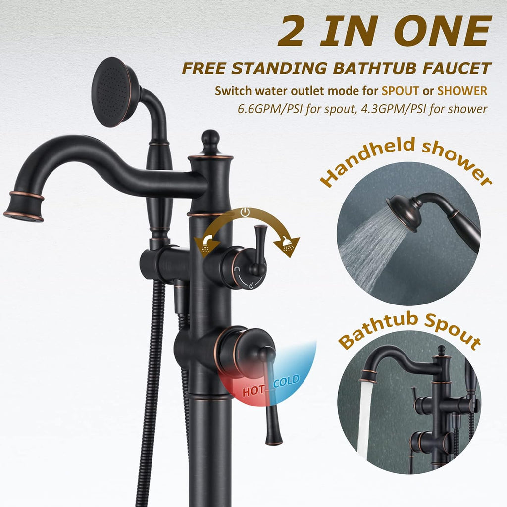 Roman Bathroom Faucet Set, Single Hole Sink Faucet With Pop Up Drain, Free Standing Tub Faucet Filler with High Pressure Handheld Shower, Oil Rubber Bronze
