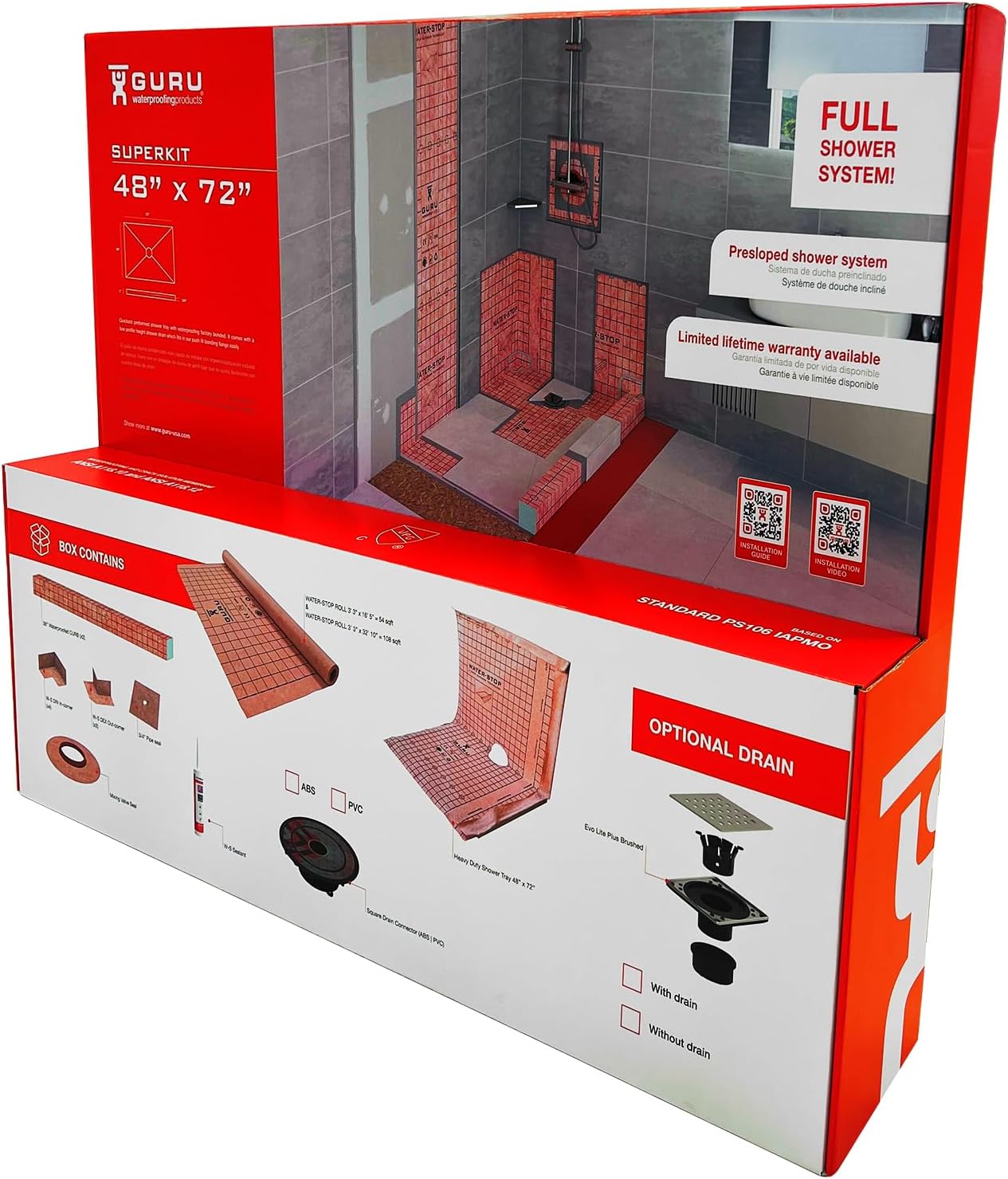 GURU USA SuperKit Square Complete Shower Kit with Heavy Duty Tray, Evo Lite Stainless Steel Drain, & Waterproof Membrane Roll, Bathroom Accessories, 48' x 72', Center Drain, ABS Connector