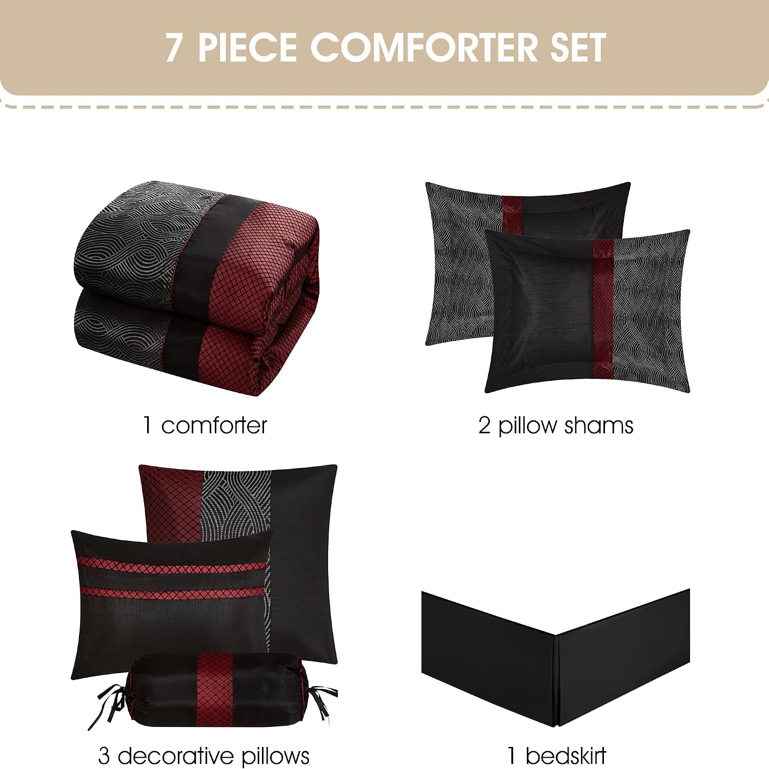Grand Avenue Red and Black Comforter Set Full, Jacquard & Flocking Technique, Modern Design All Season Striped Bedding Sets, 7 Pieces Home Décor
