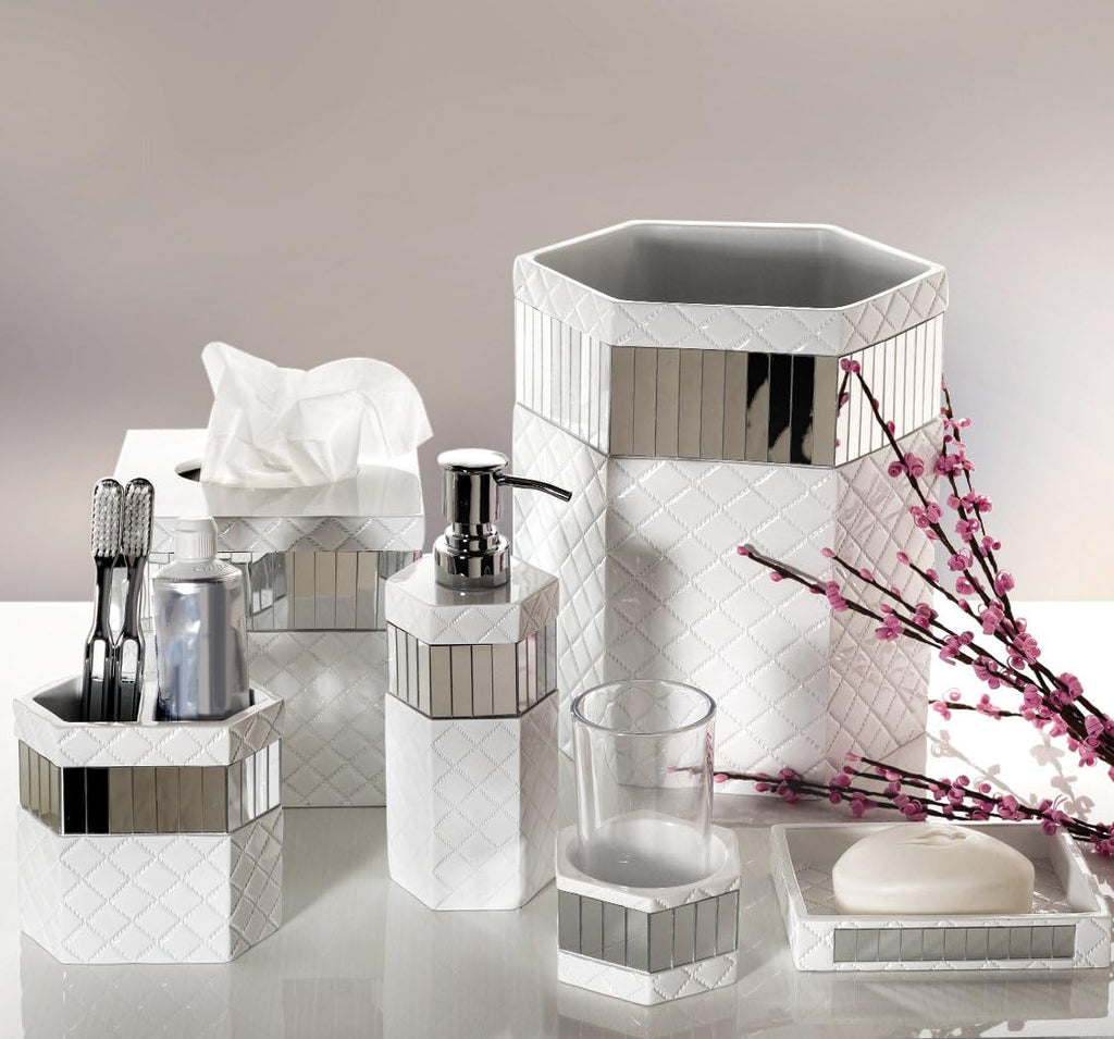Creative Scents Quilted Mirror White Bathroom Accessories Set - 7 Pc Bathroom Set Includes Trash Can, Tissue Cover, Vanity Tray, Soap Dispenser, Toothbrush Holder, Tumbler & Soap Dish (Quilted Mirror)