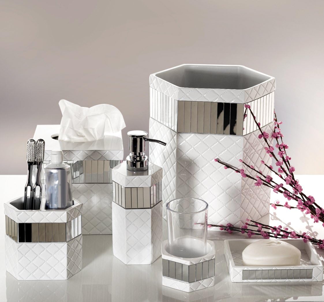 Creative Scents Quilted Mirror White Bathroom Accessories Set - 7 Pc Bathroom Set Includes Trash Can, Tissue Cover, Vanity Tray, Soap Dispenser, Toothbrush Holder, Tumbler & Soap Dish (Quilted Mirror)