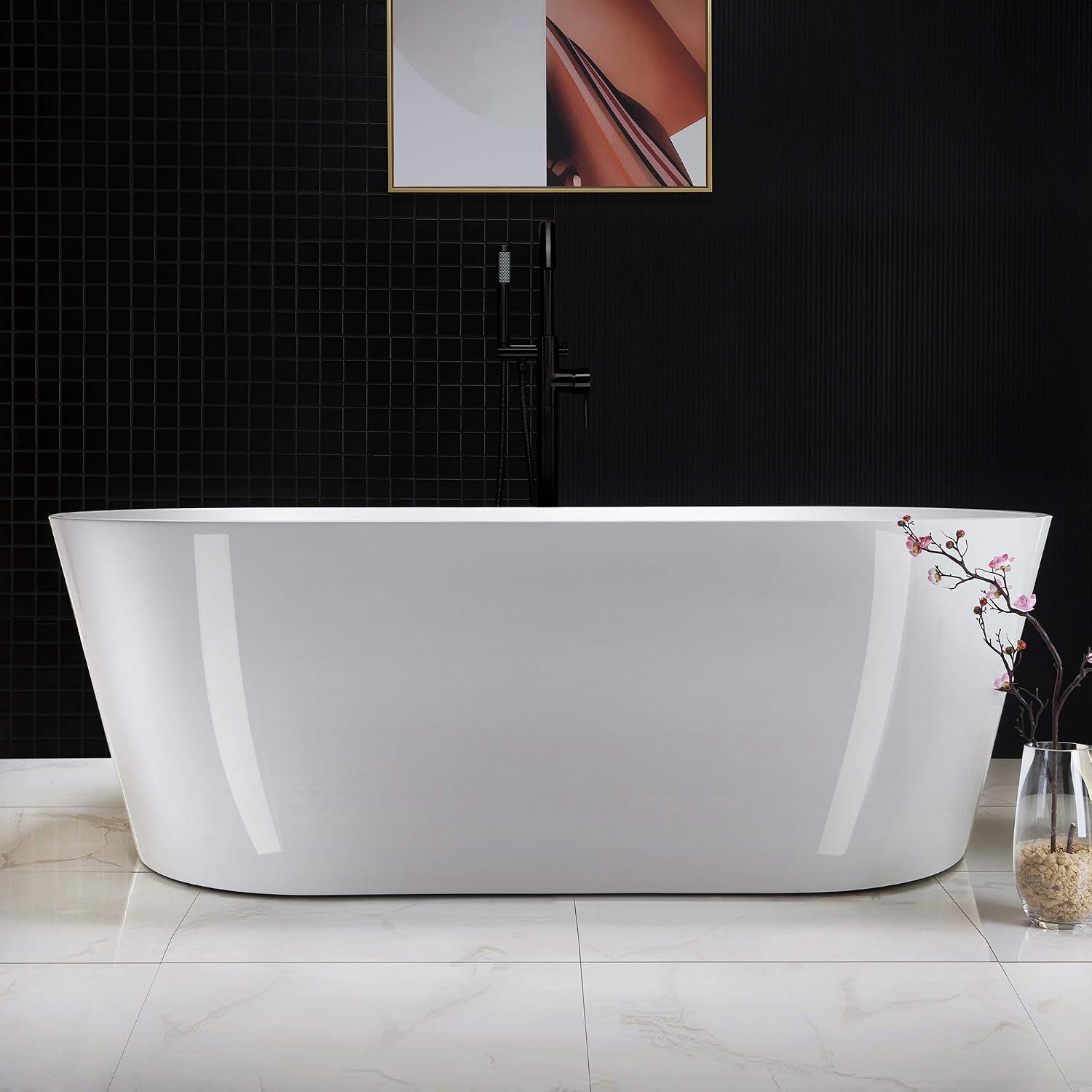 WOODBRIDGE 67' Acrylic Freestanding Bathtub Contemporary Soaking White Tub with Oil Rubbed Bronze Overflow and Drain，B0013-ORB
