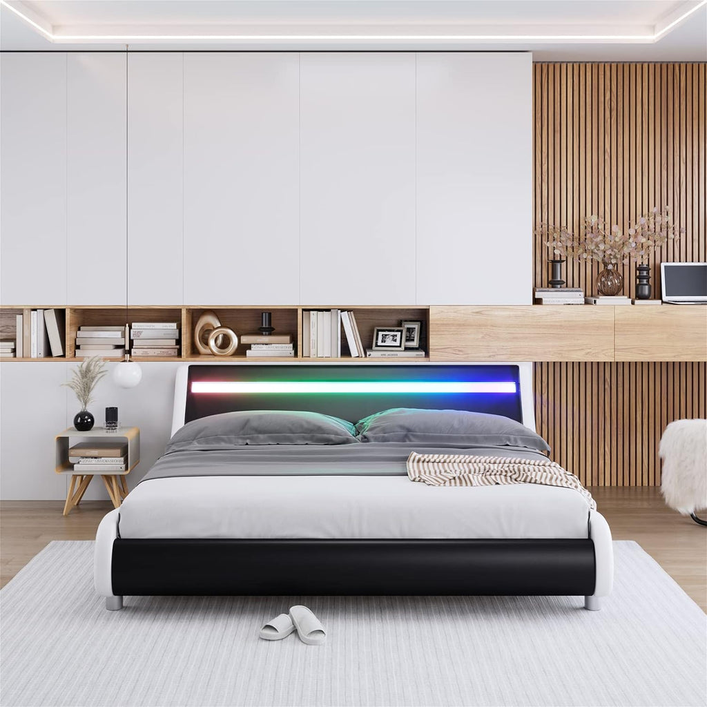 Keyluv Upholstered Queen LED Bed Frame with Headboard, Modern Low Profile Platform Bed with Strong Slats Support, Faux Leather Wave-Like Bed Frame, Easy Assembly, No Box Spring Needed, Blackwhite