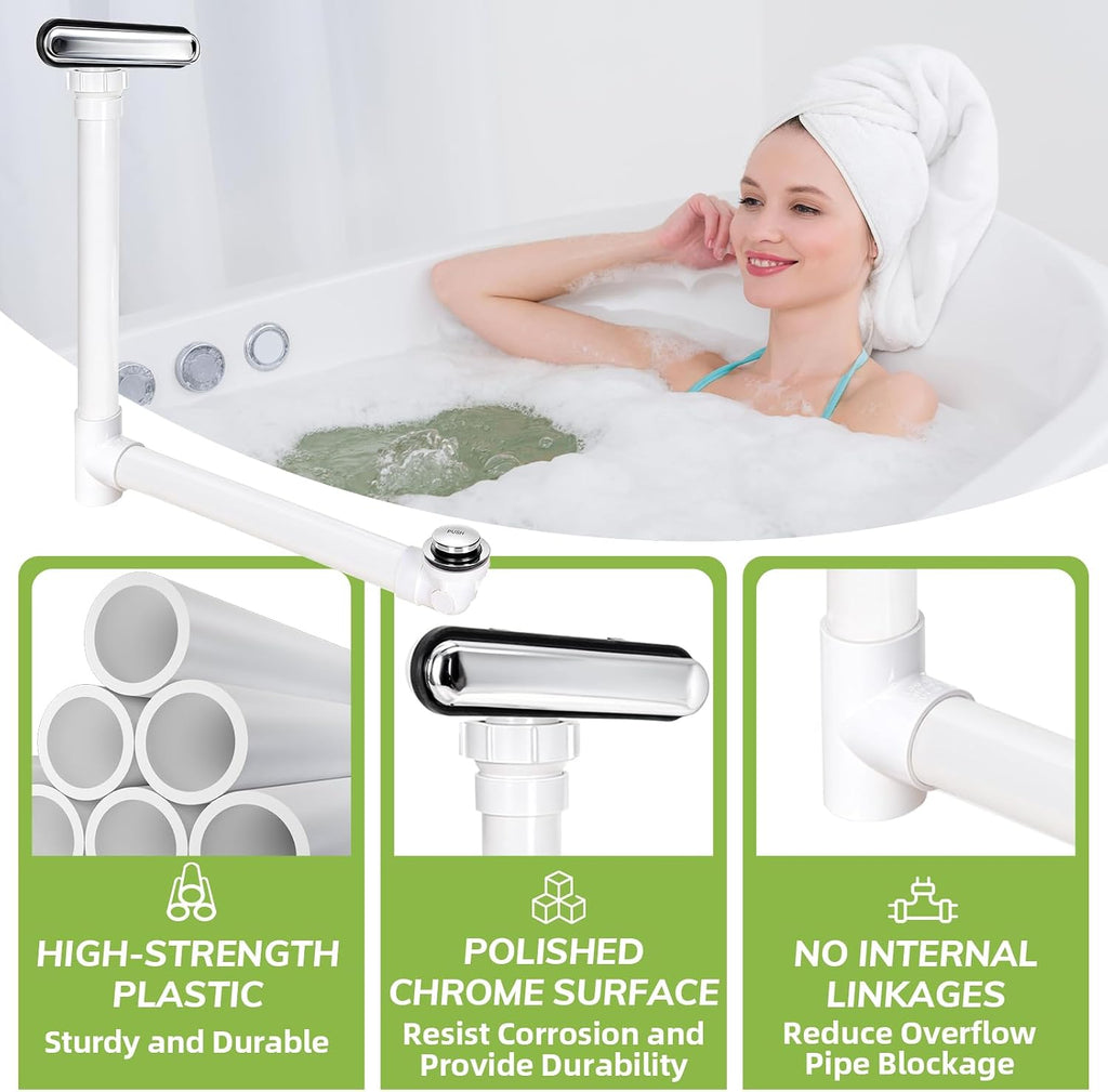 Slotted Overflow Bath Drain with Toe-Tap Stopper, with Metal Overflow Cover, Compatible with Kohler Elevance/Archer/Underscore/Rêve/Parity Baths and Whirlpools, Polished Chrome, Easy Installation