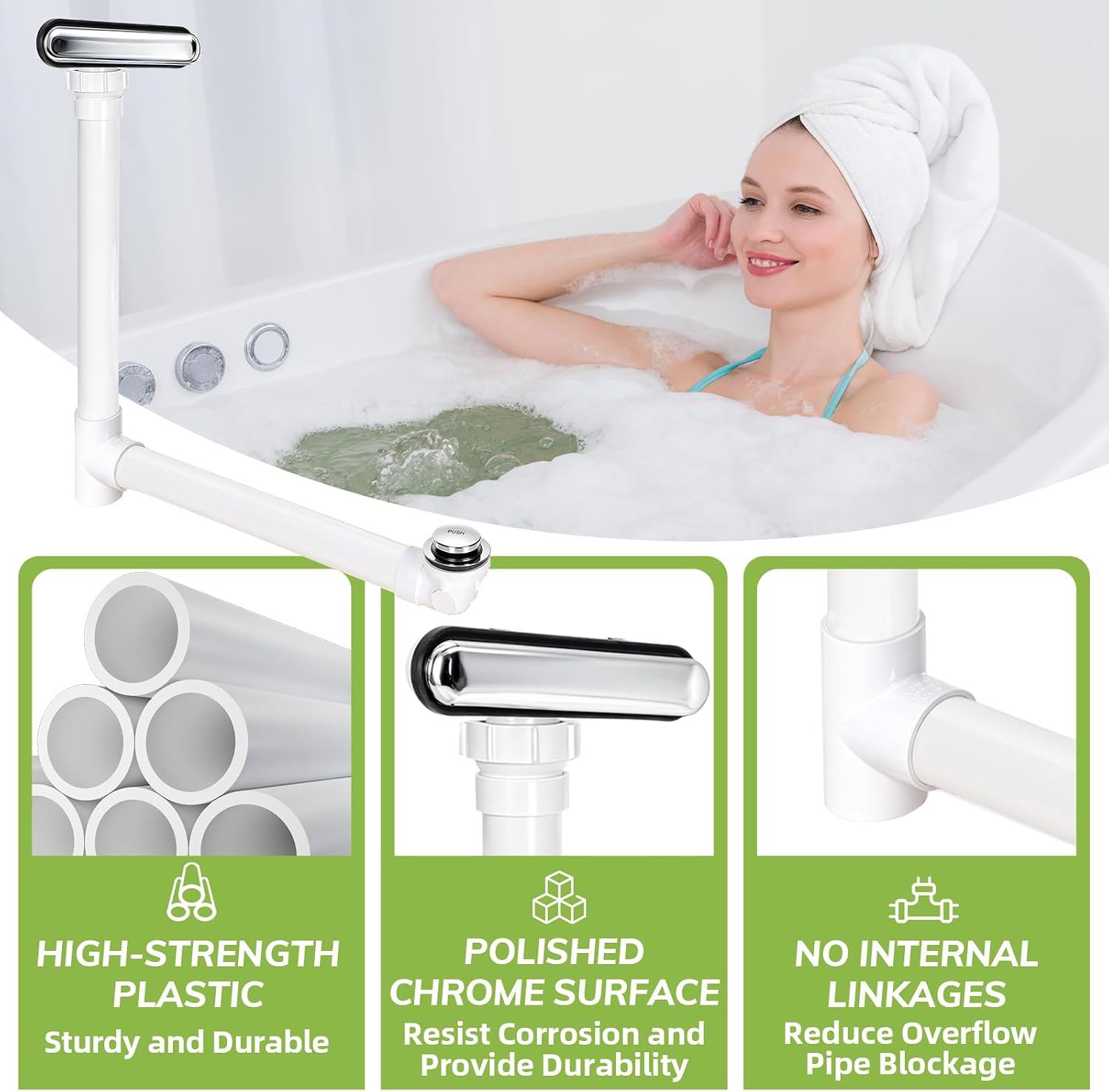 Slotted Overflow Bath Drain with Toe-Tap Stopper, with Metal Overflow Cover, Compatible with Kohler Elevance/Archer/Underscore/Rêve/Parity Baths and Whirlpools, Polished Chrome, Easy Installation