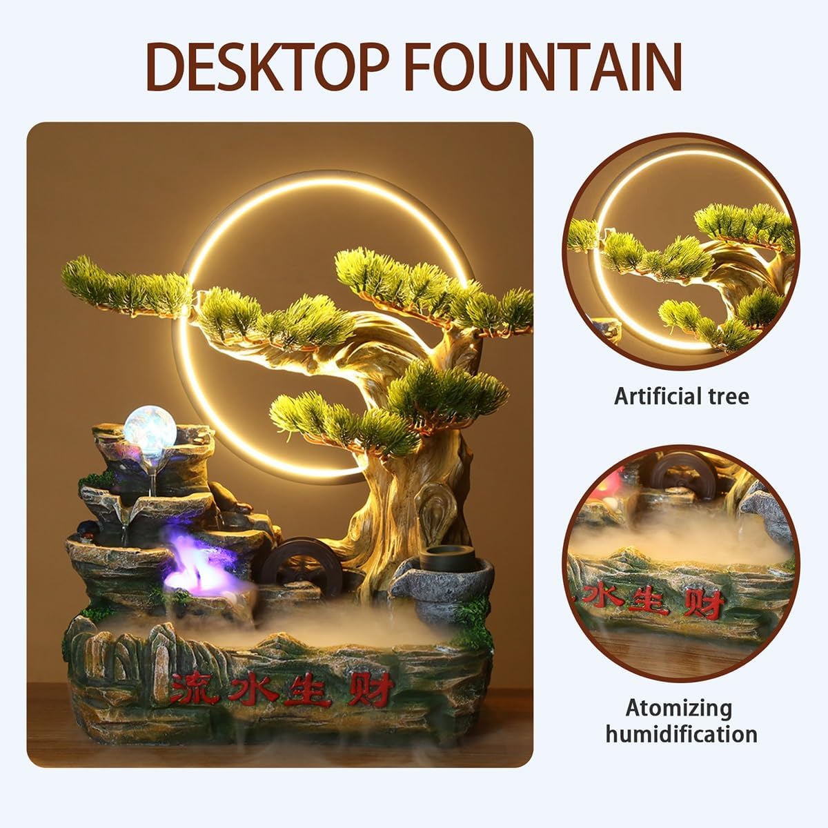 Table Fountain, Indoor Water Tiered Cascading Design with LED Lights, Quiet Pump, Decorative Desk & Home Accent, for Home Office Bedroom Relaxation Decor