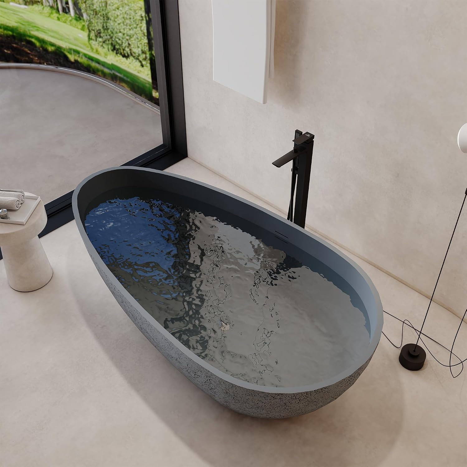 67 Inch Solid Surface Free Standing Tub Oval Stone Resin Soaking Tub Featuring Unique Style of Cement Color, 14.37 Inches Soaking Depth, 75.82 Gallons Water Capacity