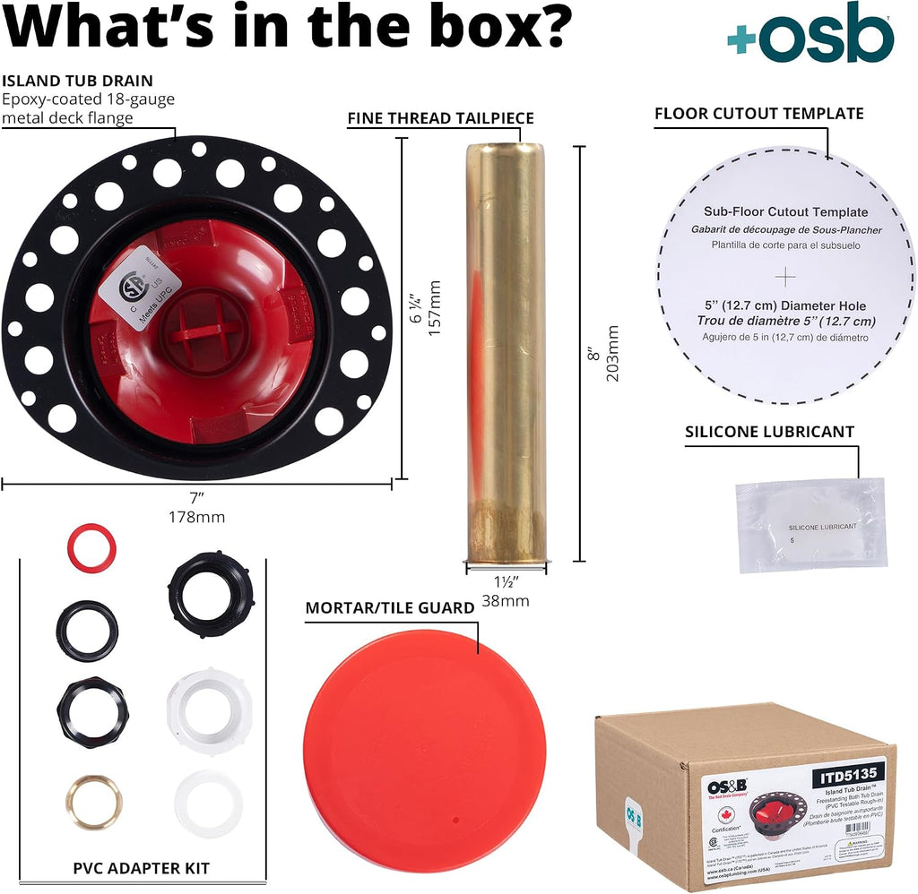 OS&B ITD5135 - Two Piece PVC Pipe Freestanding Tub Drain Kit & Rough-In - Easy Installation, Asymmetrical Deck Plate, Water, Air, & Smoke Testable - Designed for 8'/10' Joist Spaces & Tight Bathrooms