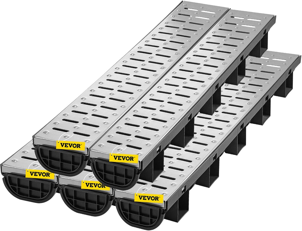 VEVOR Trench Drain System 5 Pack, Channel Drain with Metal Grate 5.7 x 3.1 in HDPE Drainage Trench, Black Plastic Garage Floor Waterway 5 x 39 in with 5 End Caps for Garden Driveway