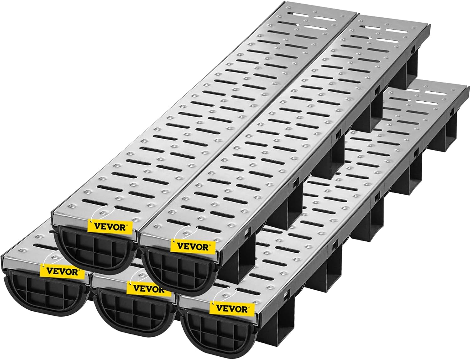 VEVOR Trench Drain System 5 Pack, Channel Drain with Metal Grate 5.7 x 3.1 in HDPE Drainage Trench, Black Plastic Garage Floor Waterway 5 x 39 in with 5 End Caps for Garden Driveway