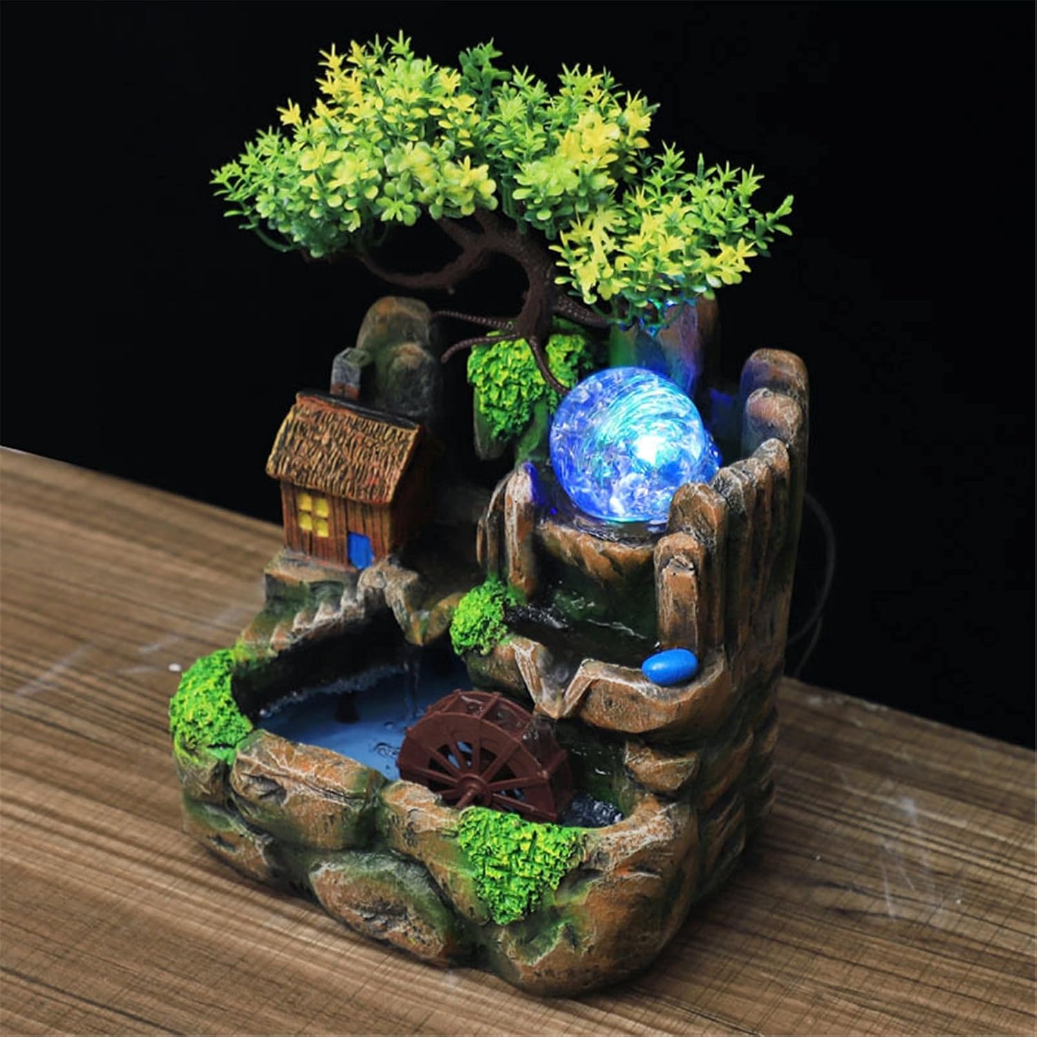Water Fountain Desktop Ornament Tabletop Fountain Led Lights Resin Rockery Flowing Water Fountain Lucky Feng Shui Wheel Office Desktop Ornaments Zen Meditation Fountain Crafts