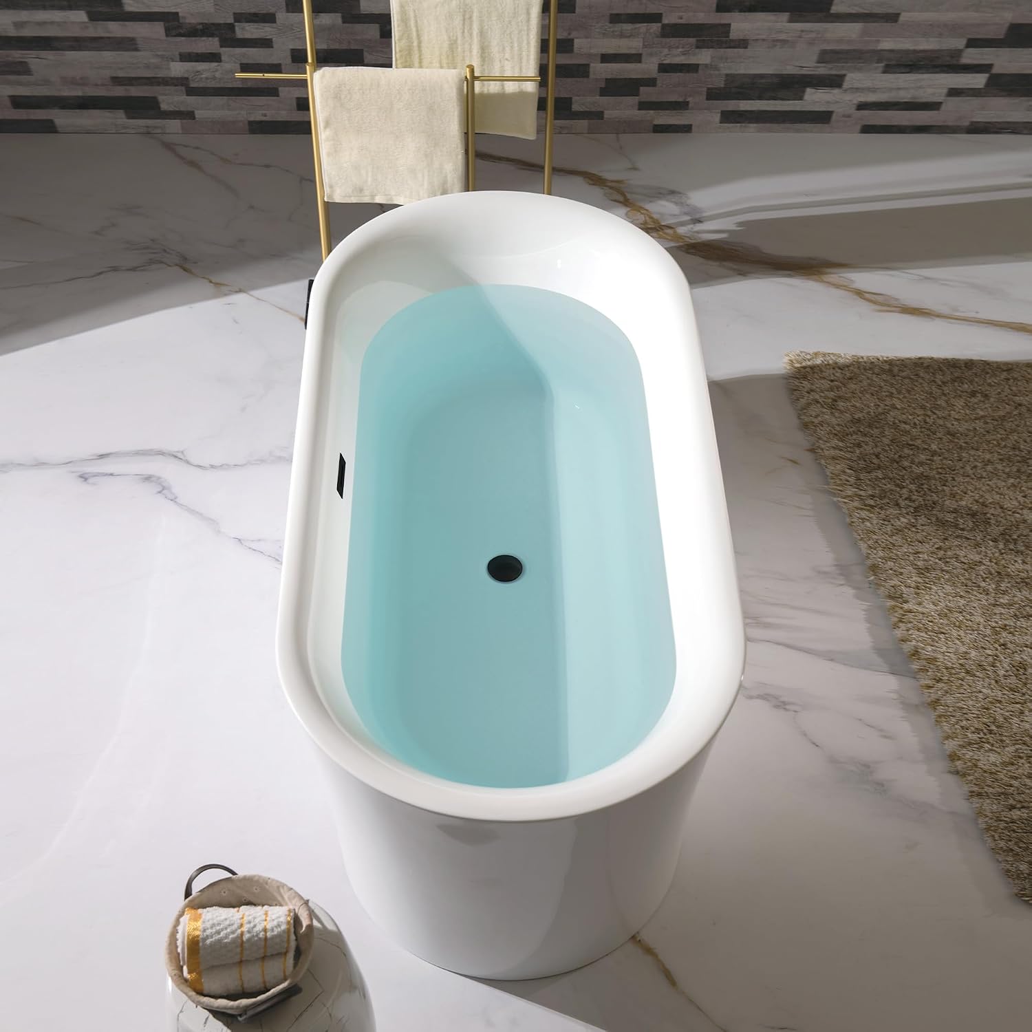 WOODBRIDGE 67' Acrylic Freestanding Bathtub Contemporary Soaking Tub with Matte Black Overflow and Drain,White Tub,B0057-MB