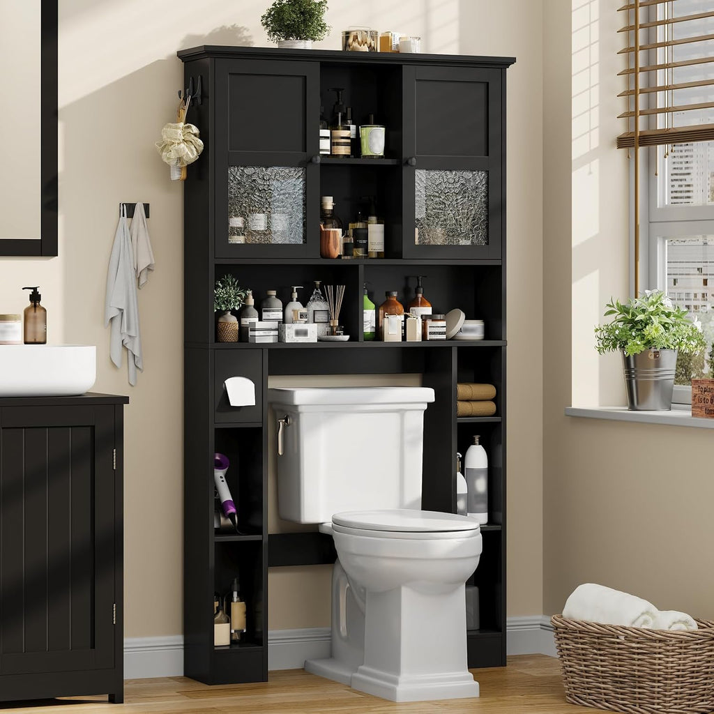 Over The Toilet Storage Cabinet, Bathroom Shelf Over Toilet with Hammered Grain Glass Doors and Adjustable Shelves, Freestanding Home Space Save Toilet Rack for Restroom, Bathroom, Laundry (Black)